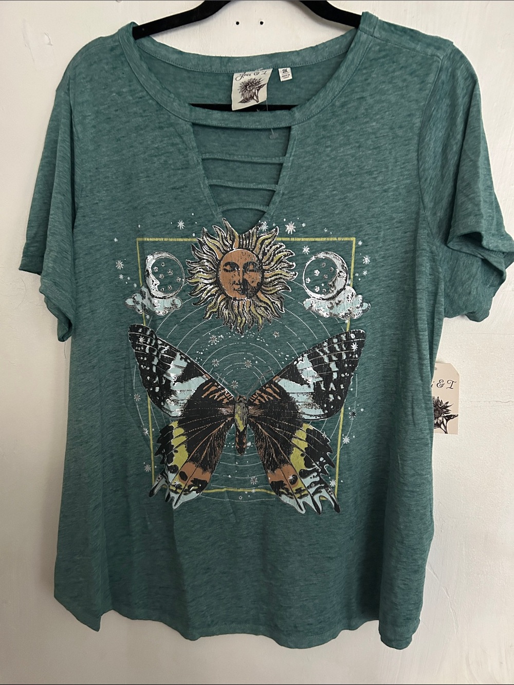 Teal Graphic Ladder-Neck Women’s Tee with Sun & Butterfly